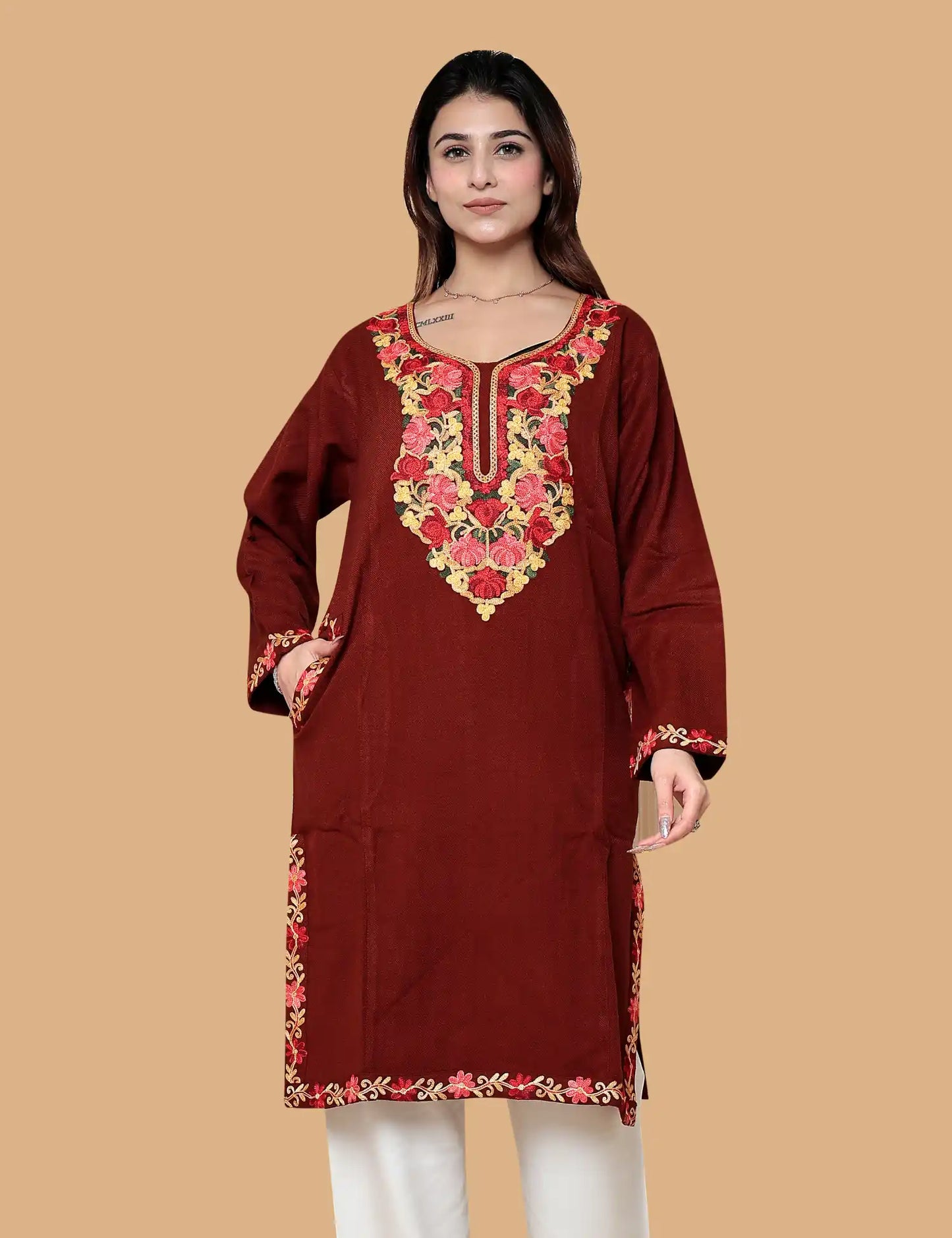 Red woolen phiran with Kashmiri Aari embroidery for women