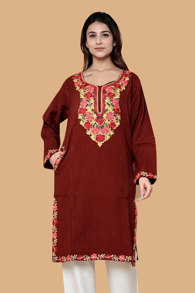 Red Woolen Phiran with Kashmiri Aari Embroidery for Women