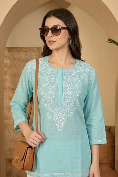 Mint Aqua Rayon Hand Embroidered Short Kurti for Women | Elegant Casual Ethnic Wear