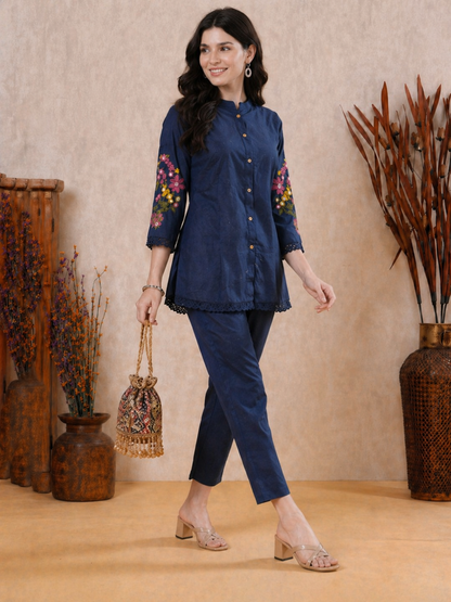 Woman wearing pure cotton coord set with glass work embroidery