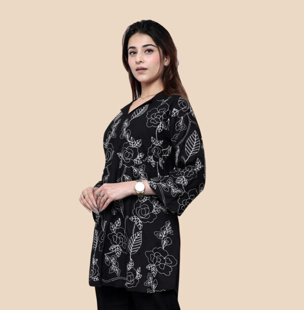Alternative view of Black Embroidered Cotton Short Kurti with Collar