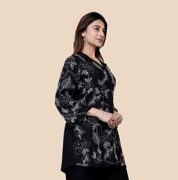 Black Embroidered Cotton Short Kurti with Collar