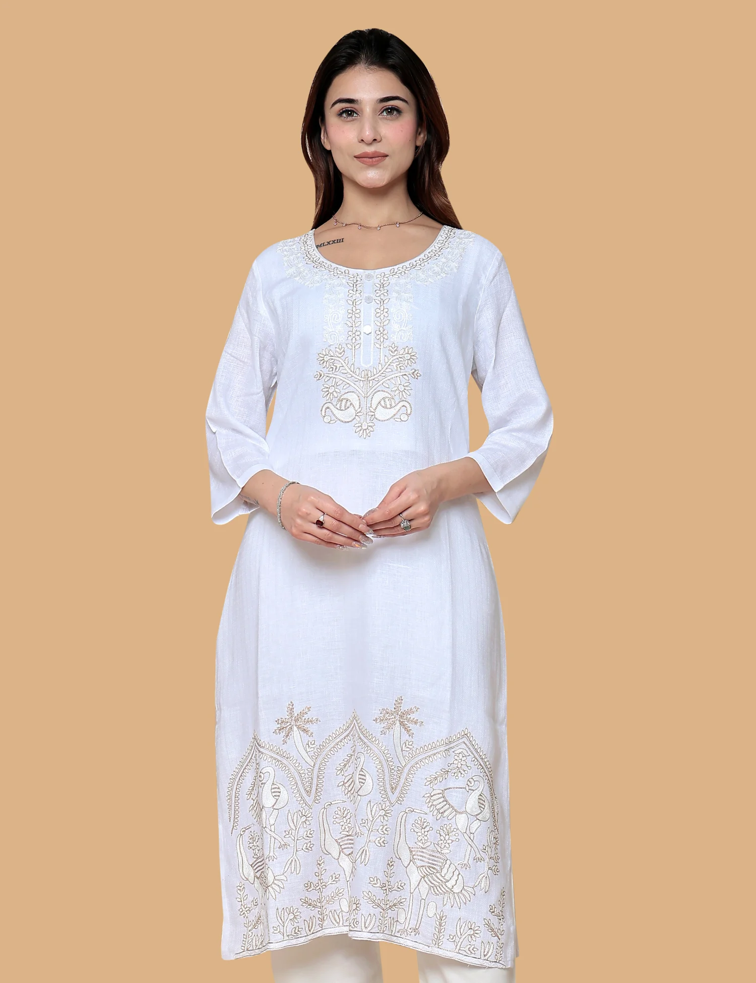 White Cotton Multi Embroidered Kurti