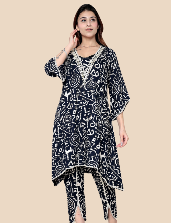 CO ORD SET LONG KURTI PRINTED  WITH GLASS EMB.
