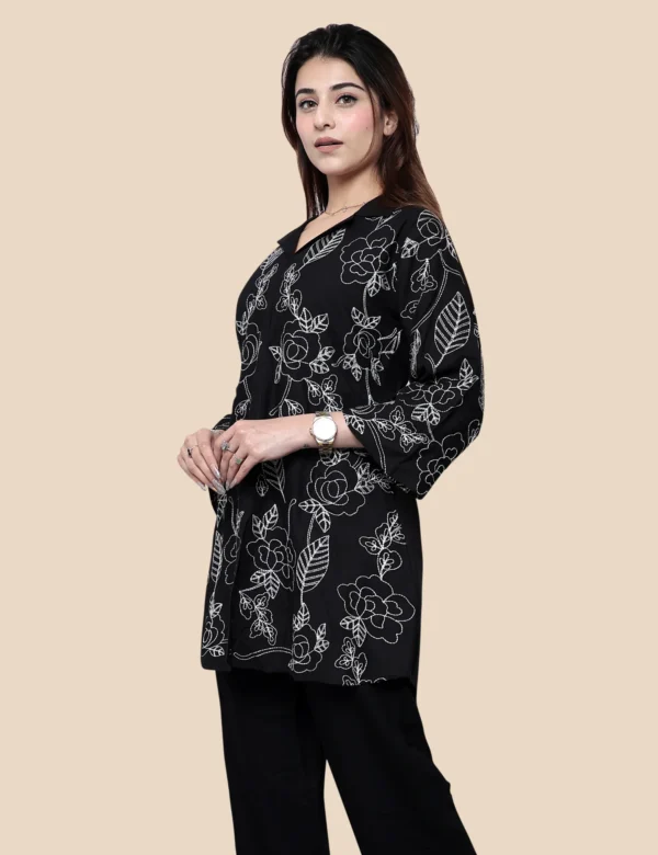 Alternative view of Black Embroidered Cotton Short Kurti with Collar