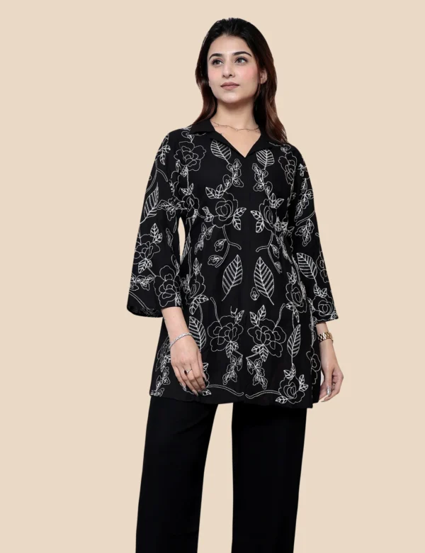 Black Embroidered Cotton Short Kurti with Collar