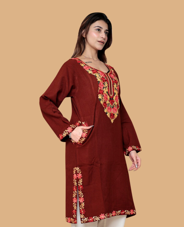 Alternative view of RED WOOLEN PHIRAN WITH KASHMARI AARI EMBROIERY