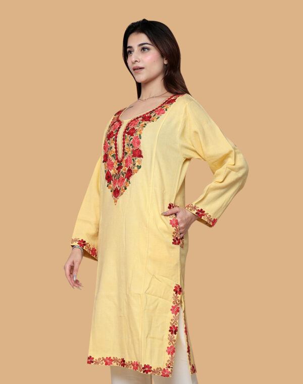 Alternative view of YELLOW KASHMIRI AARI EMBROIDERED WOOLEN PHIRAN