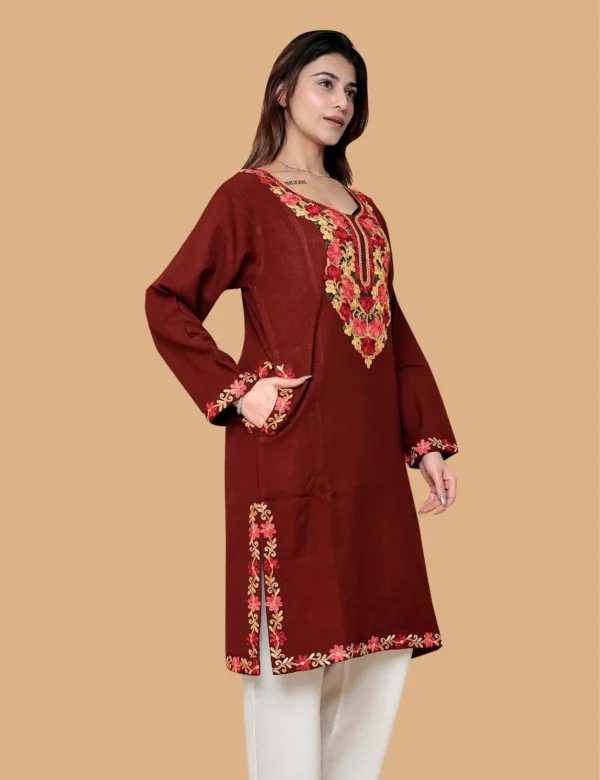 Alternative view of RED WOOLEN PHIRAN WITH KASHMARI AARI EMBROIERY
