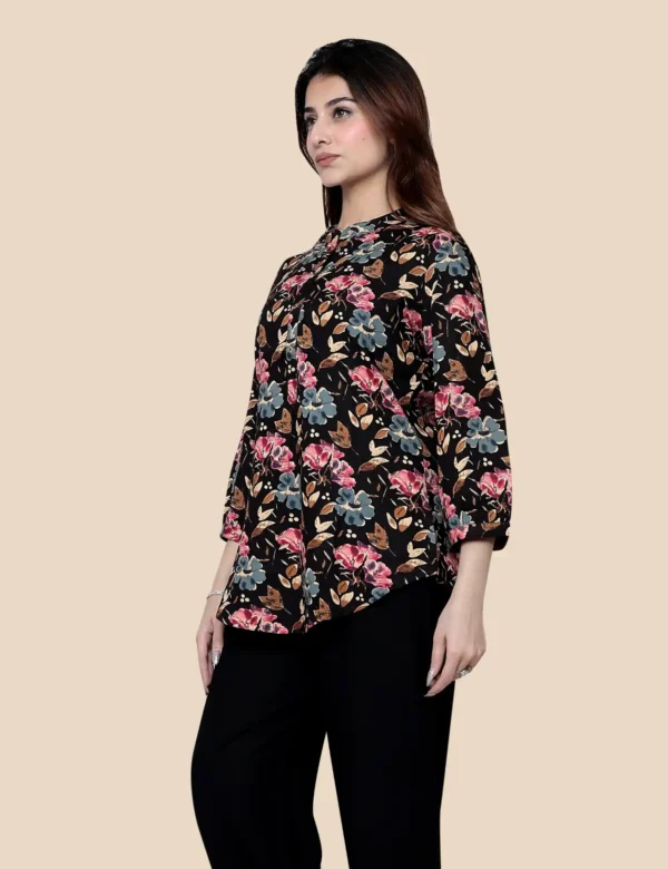 Black Multi Floral Printed Cotton Short Kurti