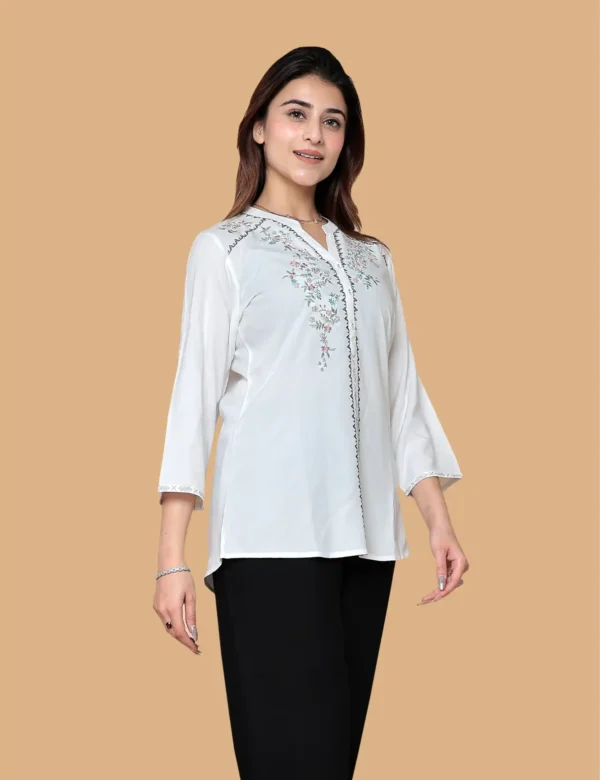 WHITE EMBROIDERY COTTON SHORT KURTI