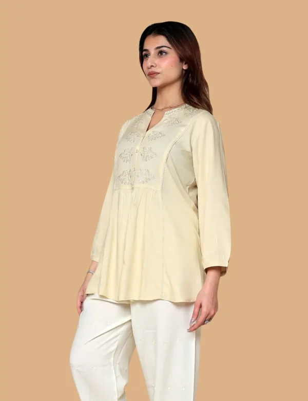 Cream Embroidered Short Kurti