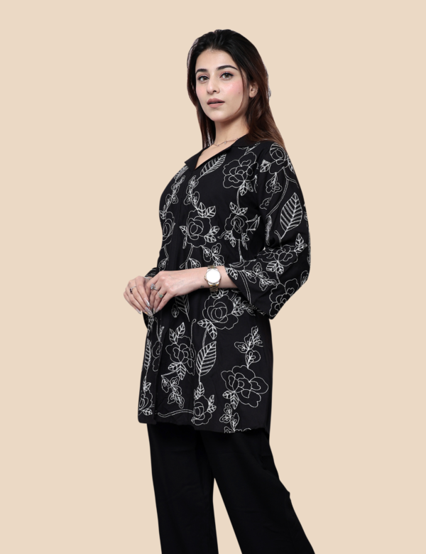 Alternative view of Black Embroidered Cotton Short Kurti with Collar