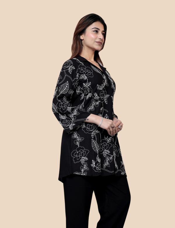 Black Embroidered Cotton Short Kurti with Collar