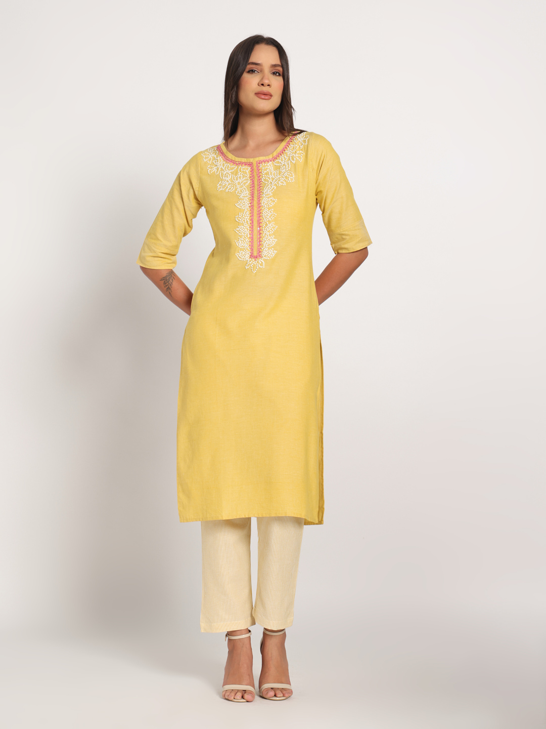 Yellow Hand Embroidered Short Kurti - Image 4