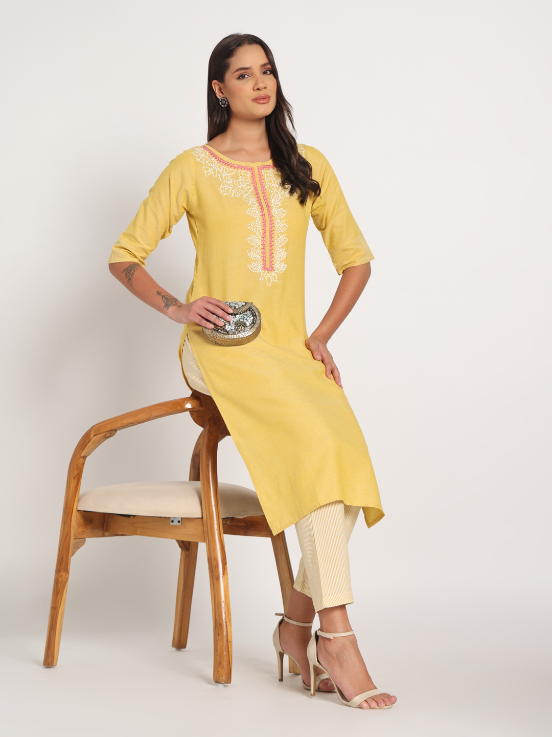 Yellow Hand Embroidered Short Kurti - Image 5