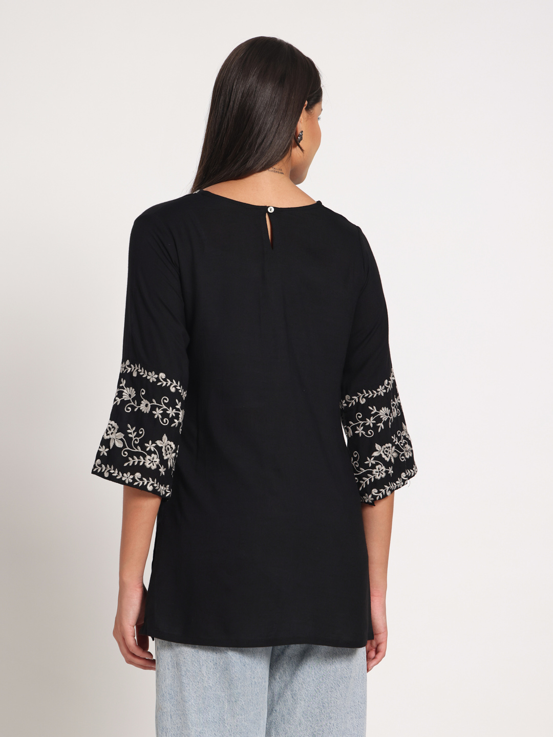 Black Short Kurti in Cotton Viscose Blend for Women