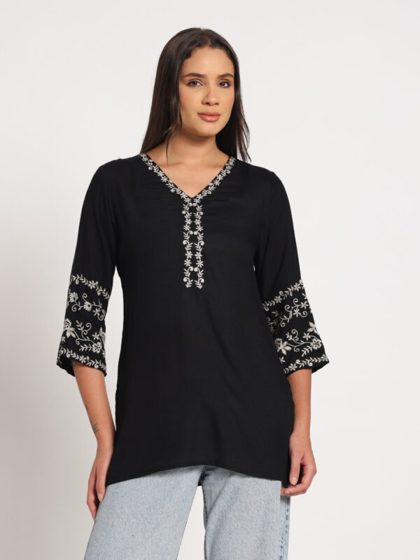 Black Embroidered Short Kurti in Cotton Viscose Blend for Women