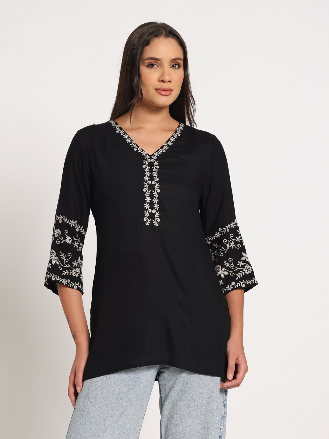 Black Embroidered Short Kurti in Cotton Viscose Blend for Women