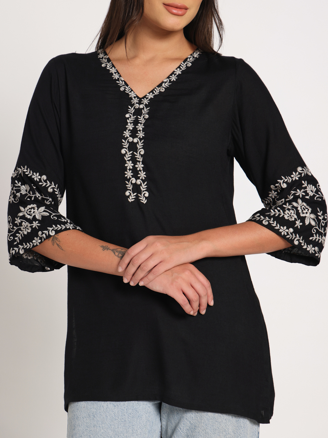 Black Embroidered Short Kurti - Image 2