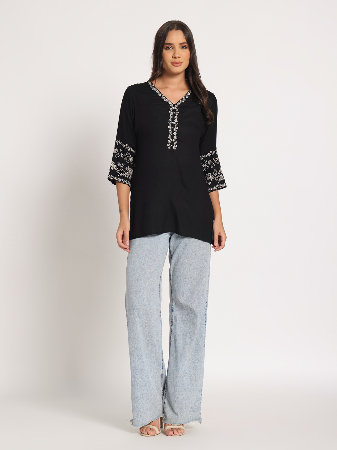 Black Embroidered Short Kurti in Cotton Viscose Blend for Women 1