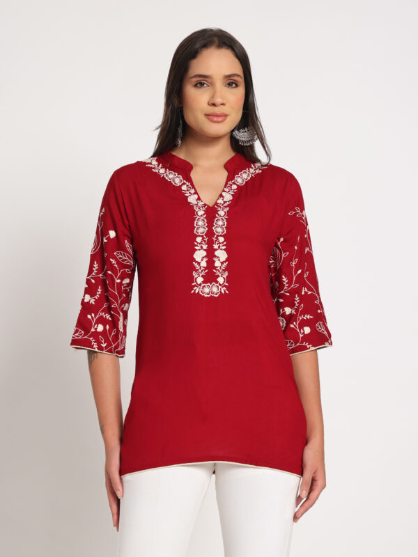 Alternative view of Red Embroidered Short Kurti