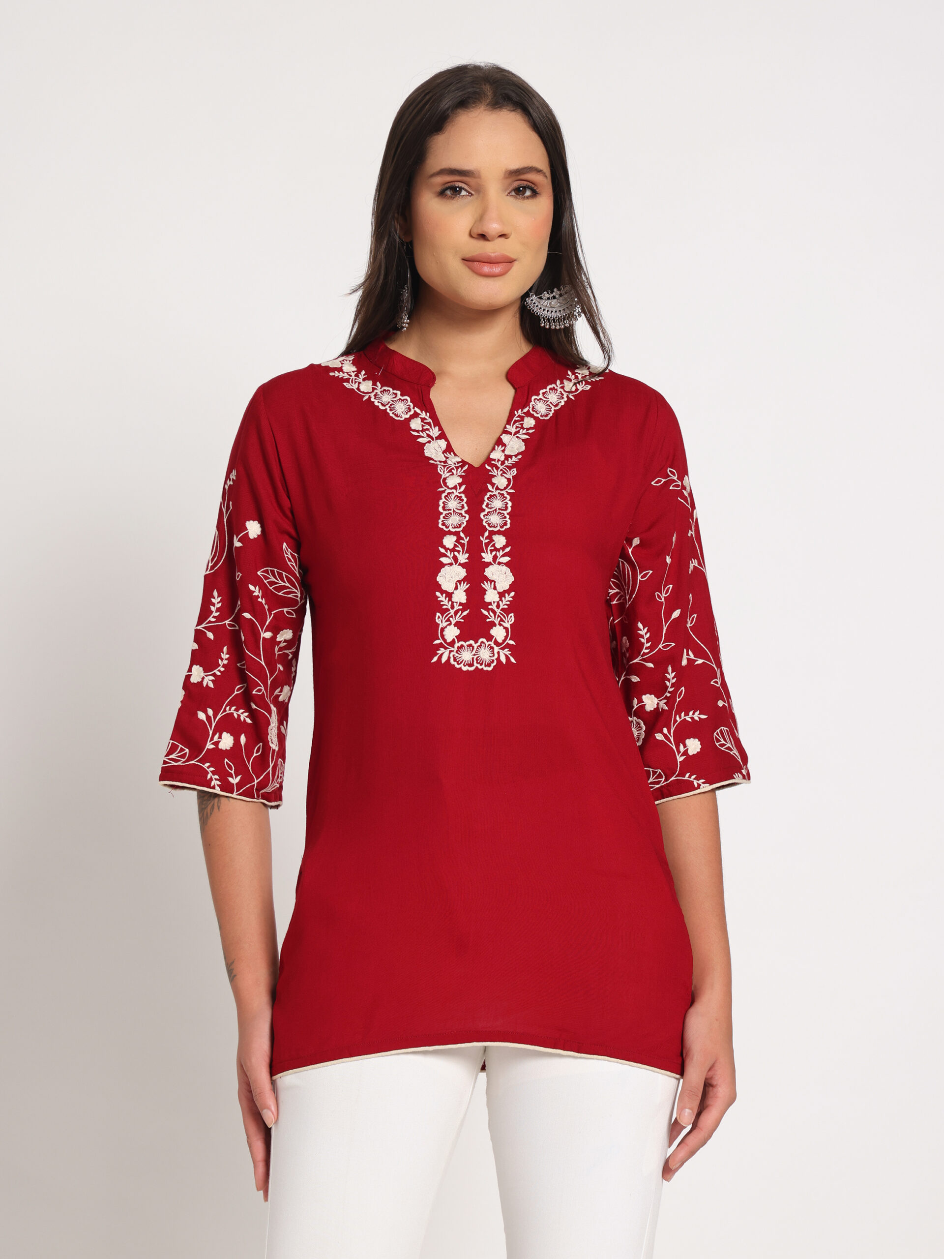 Red Embroidered Short Kurti - Image 2