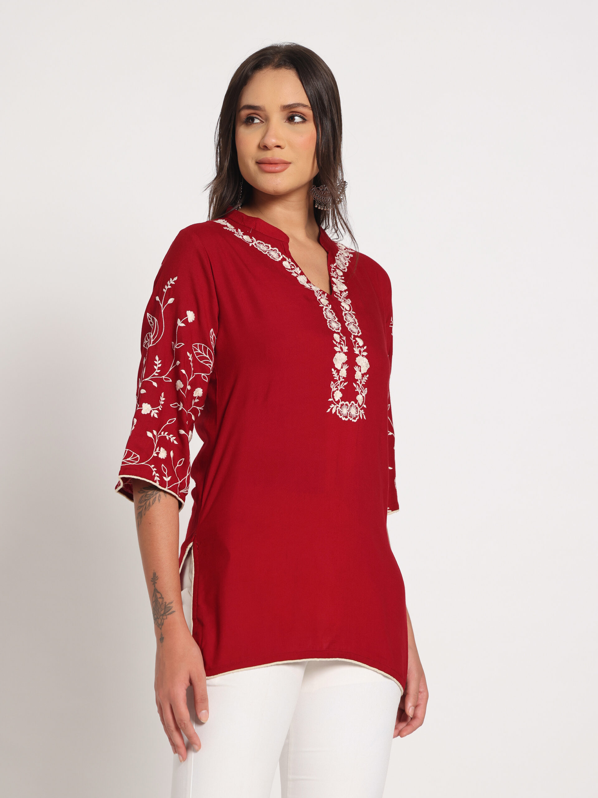 Red Embroidered Short Kurti - Image 3