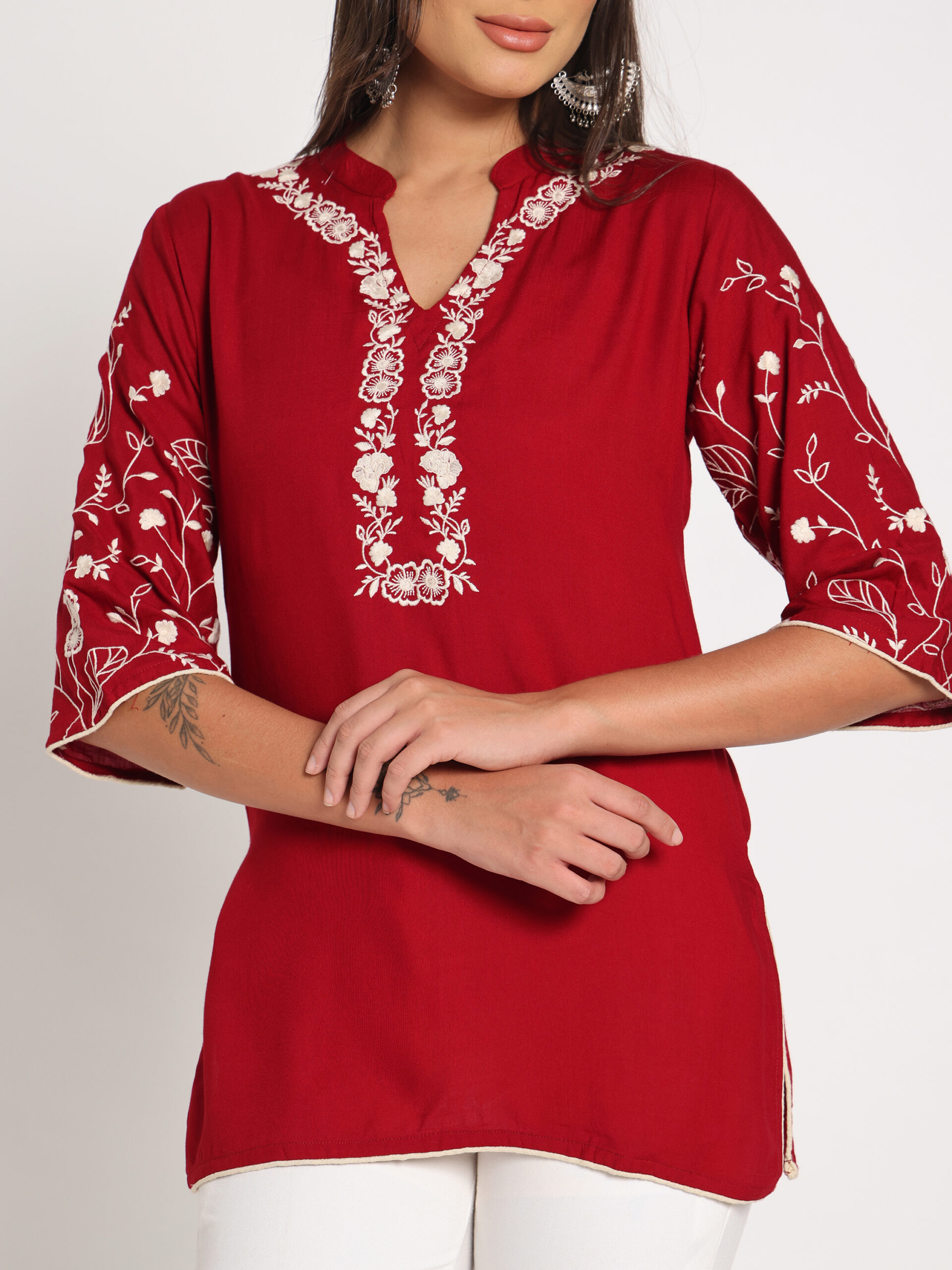 red embroidered short kurti