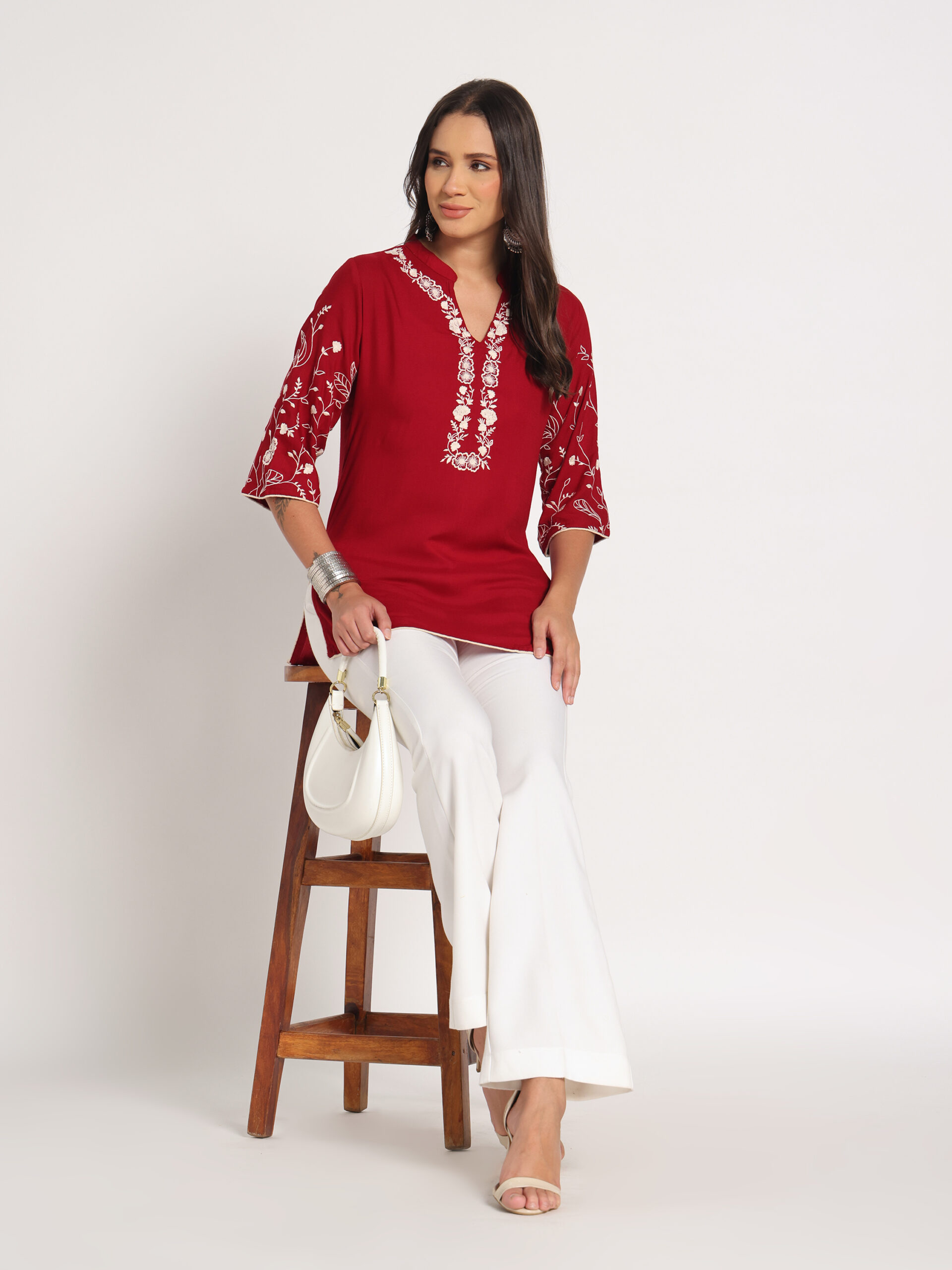 Red Embroidered Short Kurti - Image 5