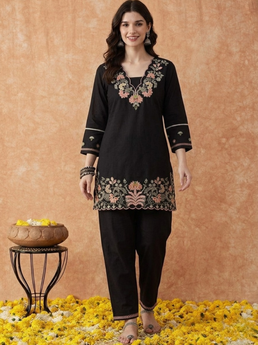 Black Embroidered Cotton Dress Set - Image 2