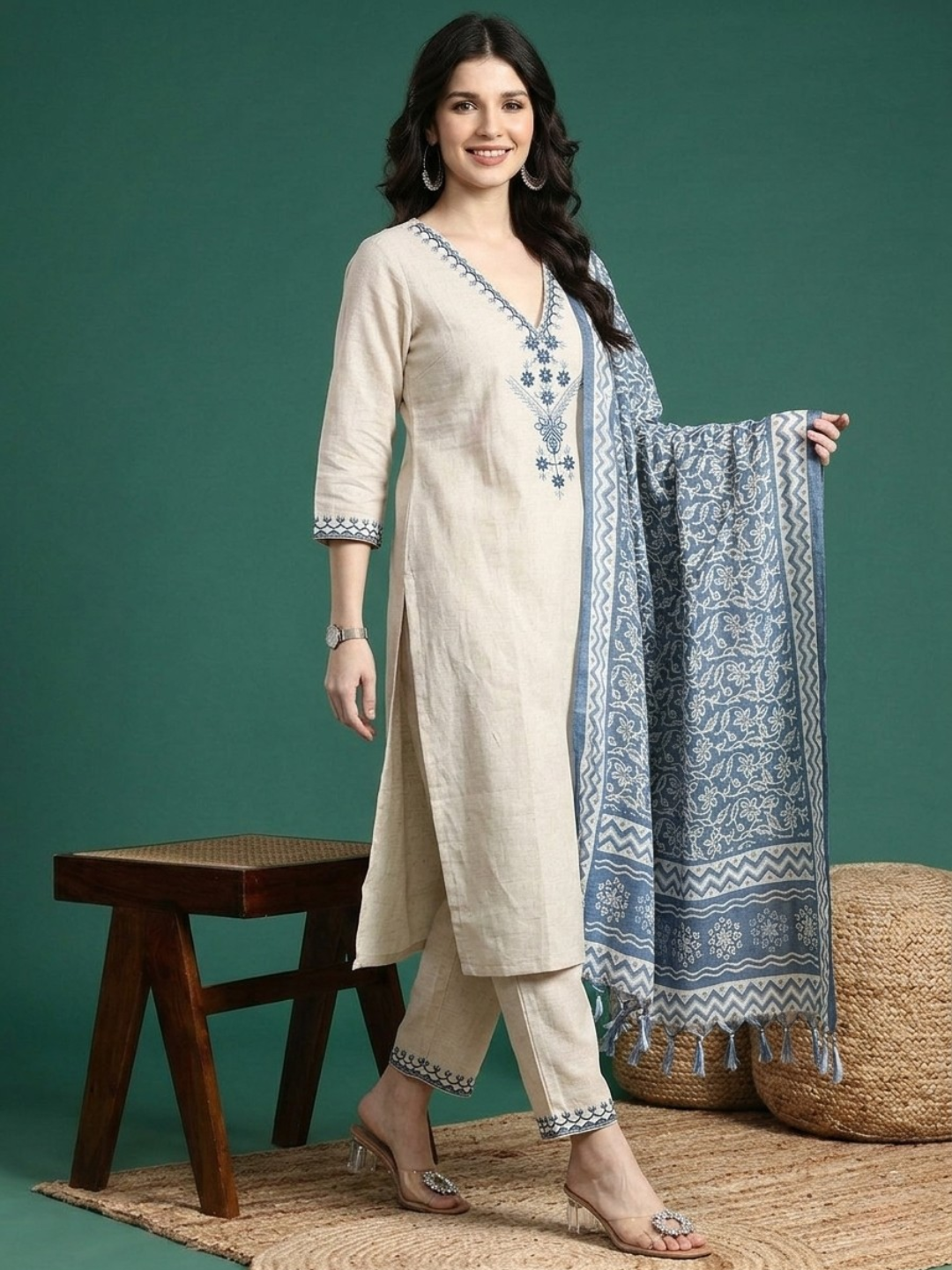 Off White Flex Cotton Suit Set - Image 4