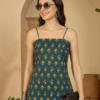 Teal Floral Printed Sleeveless Kurti